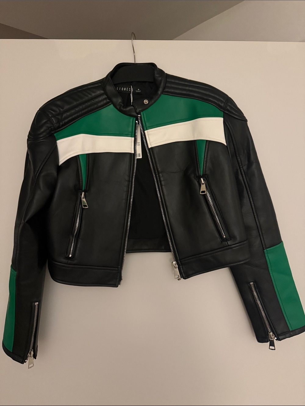 Lioness Black Leather Jacket with Green & White Panels